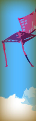 This was originally a red, metal chair that is perched upon a tall, blue wooden post at the park. I flattened the image to use fewer colors and threw in the brownish aura. And I got rid of the post, so now it's a flying chair.