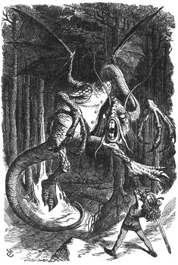 A black and white pencil drawing of the Jabberwocky, with its hideous face and body, comically wearing a suit while attacking a girl (or possibly a boy) with a sword.